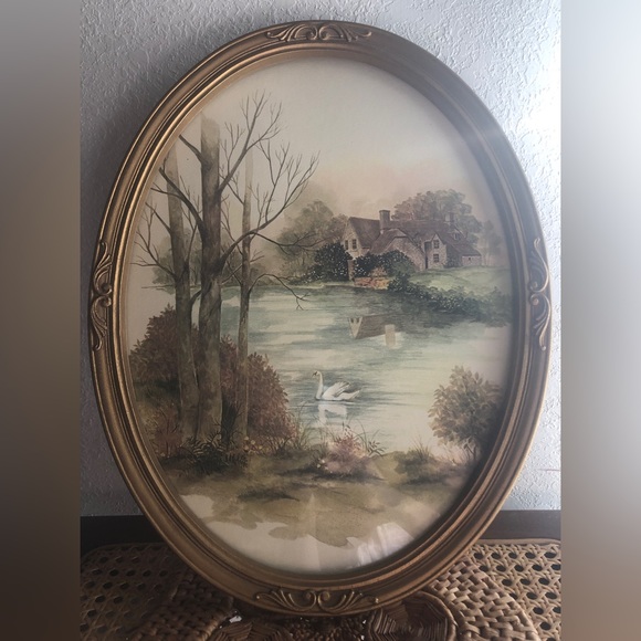 Homco Other - HOMCO Home Interiors Gold Framed Oval Swan Lake Cottage Picture 17x13 F.Massa